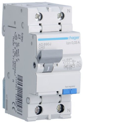 Дифференциальный автоматический выключатель Hager 40 А / 30mAC / C хар / AC тип / 4,5 kA / 1+N полюс Дифференциальный автоматический выключатель Hager 40 А / 30mAC / C хар / AC тип / 4,5 kA / 1+N полюс
