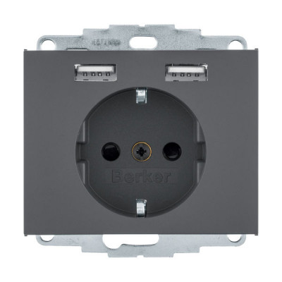 Розетка с 2xUSB Berker, скрытый монтаж, с заземлением, антрацит Розетка с 2xUSB Berker, скрытый монтаж, с заземлением, антрацит