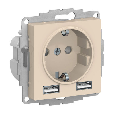 Розетка с 2xUSB ATLASDESIGN, скрытый монтаж, с заземлением, бежевый Розетка с 2xUSB ATLASDESIGN, скрытый монтаж, с заземлением, бежевый
