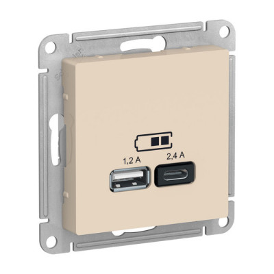 Розетка 2xUSB ATLASDESIGN, скрытый монтаж, бежевый Розетка 2xUSB ATLASDESIGN, скрытый монтаж, бежевый