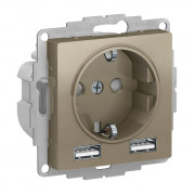 Розетка с 2xUSB ATLASDESIGN, скрытый монтаж, с заземлением, шампань