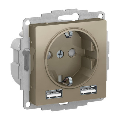 Розетка с 2xUSB ATLASDESIGN, скрытый монтаж, с заземлением, шампань Розетка с 2xUSB ATLASDESIGN, скрытый монтаж, с заземлением, шампань