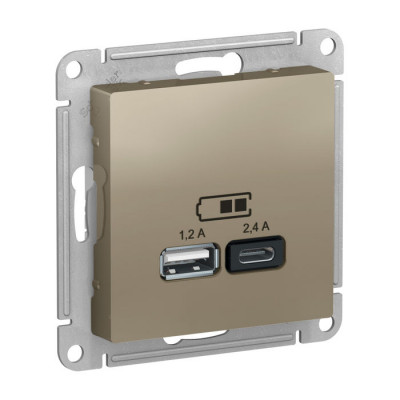 Розетка 2xUSB ATLASDESIGN, скрытый монтаж, шампань Розетка 2xUSB ATLASDESIGN, скрытый монтаж, шампань