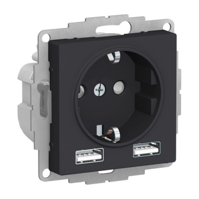 Розетка с 2xUSB ATLASDESIGN, скрытый монтаж, с заземлением, карбон Розетка с 2xUSB ATLASDESIGN, скрытый монтаж, с заземлением, карбон