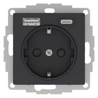 Розетка с USB+USB type C, ATLASDESIGN, скрытый монтаж, с заземлением, со шторками, карбон Розетка с USB+USB type C, ATLASDESIGN, скрытый монтаж, с заземлением, со шторками, карбон
