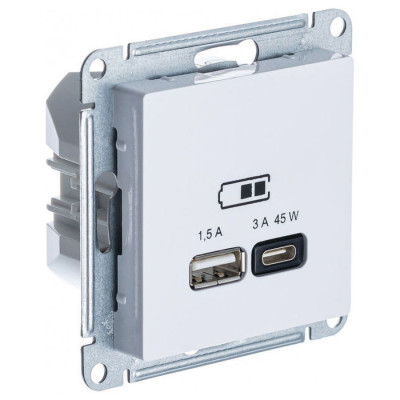 Розетка USB+USB type C ATLASDESIGN, скрытый монтаж, белый Розетка USB+USB type C ATLASDESIGN, скрытый монтаж, белый