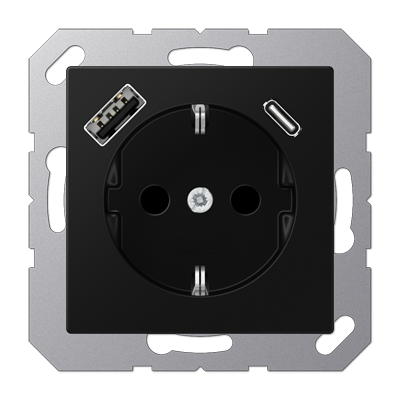 Розетка SCHUKO 16А/250В с USB з/у type-A и type-C, цвет: матовый чёрный графит Розетка SCHUKO 16А/250В с USB з/у type-A и type-C, цвет: матовый чёрный графит