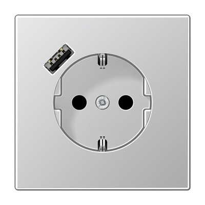 Розетка SCHUKO с з/к, шторкой и USB портом type A (быстрая зарядка), цвет: алюминий Розетка SCHUKO с з/к, шторкой и USB портом type A (быстрая зарядка), цвет: алюминий