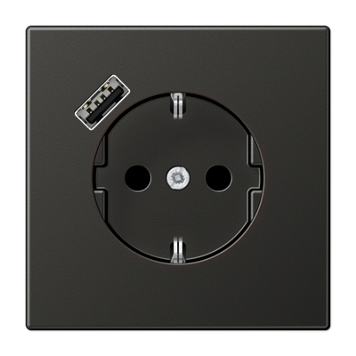 Розетка SCHUKO с з/к, шторкой и USB портом type A (быстрая зарядка), цвет: антрацит Розетка SCHUKO с з/к, шторкой и USB портом type A (быстрая зарядка), цвет: антрацит