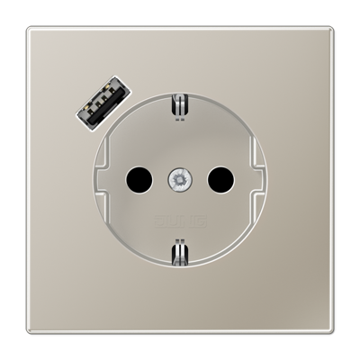 Розетка SCHUKO с з/к, шторкой и USB портом type A (быстрая зарядка), цвет: нержавеющая сталь Розетка SCHUKO с з/к, шторкой и USB портом type A (быстрая зарядка), цвет: нержавеющая сталь