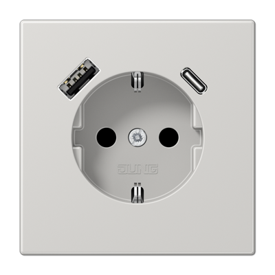 Розетка SCHUKO с з/к, шторкой и USB гнёздами type A и type C (зарядка), цвет: светло-серый Розетка SCHUKO с з/к, шторкой и USB гнёздами type A и type C (зарядка), цвет: светло-серый