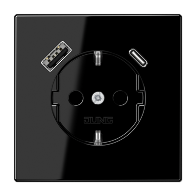 Розетка SCHUKO с з/к, шторкой и USB гнёздами type A и type C (зарядка), цвет: чёрный Розетка SCHUKO с з/к, шторкой и USB гнёздами type A и type C (зарядка), цвет: чёрный