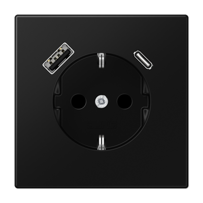 Розетка SCHUKO с з/к, шторкой и USB гнёздами type A и type C (зарядка), цвет: матовый чёрный графит Розетка SCHUKO с з/к, шторкой и USB гнёздами type A и type C (зарядка), цвет: матовый чёрный графит