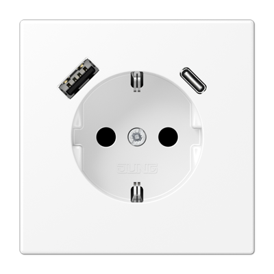 Розетка SCHUKO с з/к, шторкой и USB гнёздами type A и type C (зарядка), цвет: белоснежный матовый Розетка SCHUKO с з/к, шторкой и USB гнёздами type A и type C (зарядка), цвет: белоснежный матовый