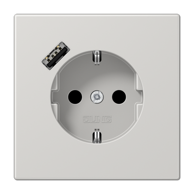 Розетка SCHUKO с з/к, шторкой и USB портом type A (быстрая зарядка), цвет: светло-серый Розетка SCHUKO с з/к, шторкой и USB портом type A (быстрая зарядка), цвет: светло-серый