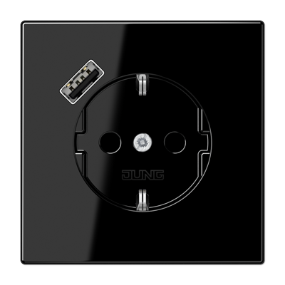 Розетка SCHUKO с з/к, шторкой и USB портом type A (быстрая зарядка), цвет: чёрный Розетка SCHUKO с з/к, шторкой и USB портом type A (быстрая зарядка), цвет: чёрный