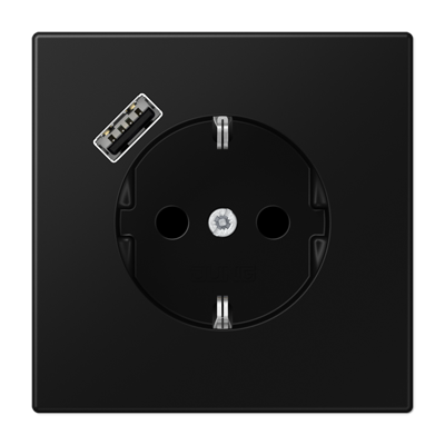 Розетка SCHUKO с з/к, шторкой и USB портом type A (быстрая зарядка), цвет: матовый черный графит Розетка SCHUKO с з/к, шторкой и USB портом type A (быстрая зарядка), цвет: матовый черный графит