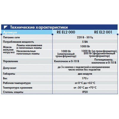 RE EL2 001 диммер максимальная нагрузка 1000 Вт, R и L RE EL2 001 диммер максимальная нагрузка 1000 Вт, R и L
