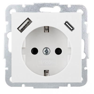 Розетка Wedder 2к+З с двумя USB порта типа A и типа С: max. 18W, цвет - белый Розетка Wedder 2к+З с двумя USB порта типа A и типа С: max. 18W, цвет - белый